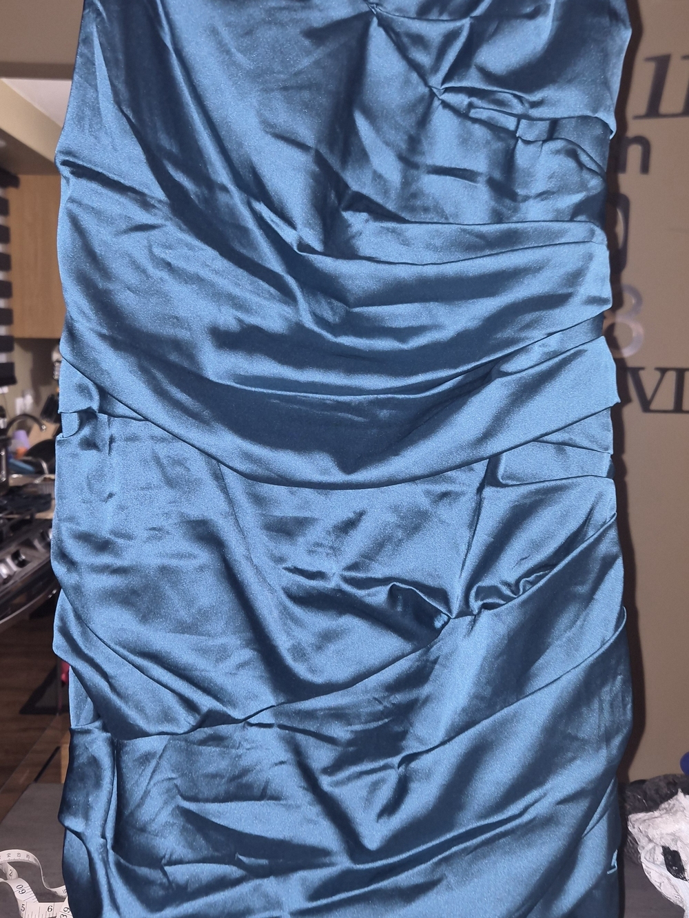 le chateau Teal Satin Ruched Prom Dress